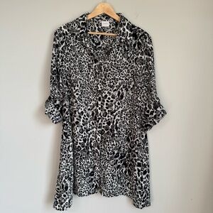 Cupio Tunic Blouse Top Dress Leopard Print Size Medium Rolled Tab Sleeve Flowy